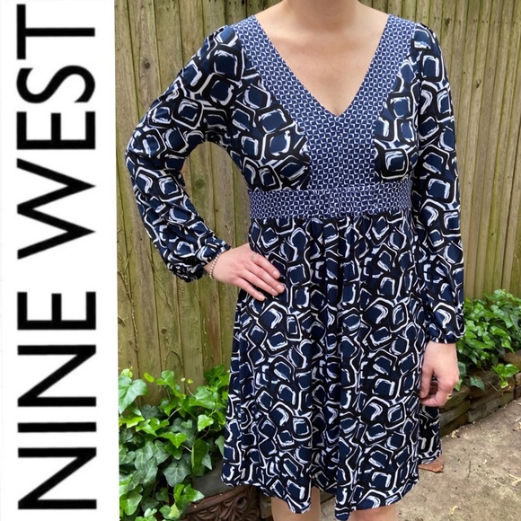 Nine West FLATTERING Empire-Waist Blue Print Dress - Picture 6 of 10